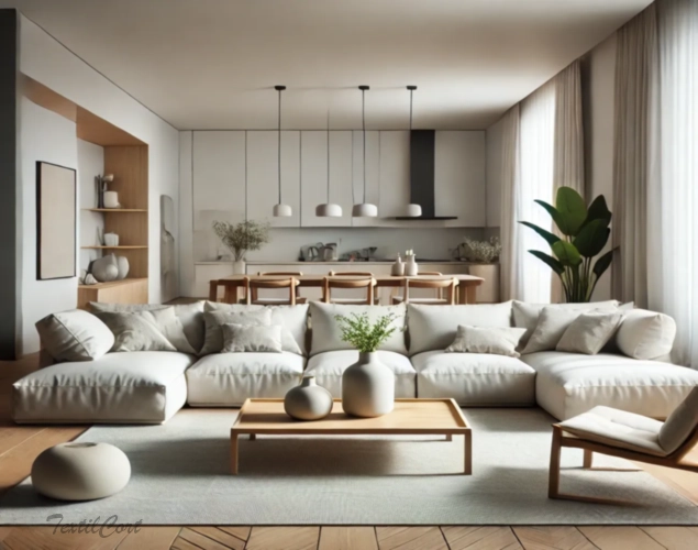 Cortinas estilo Minimalista en salón abierto con cocina y ventanales – TextilCort
