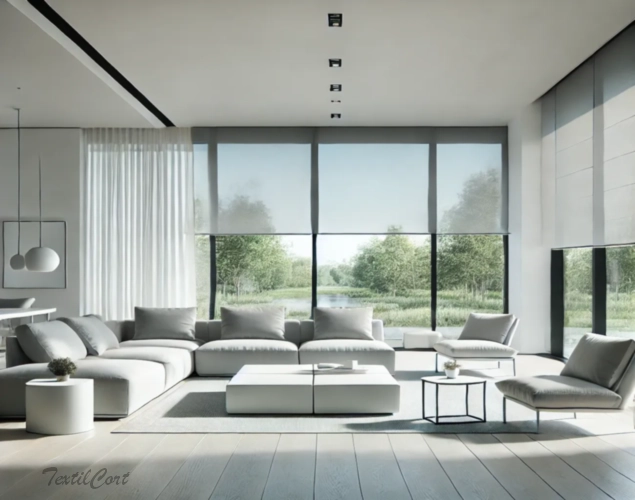 Cortinas estilo Minimalista con estores enrollables y gran ventanal – TextilCort
