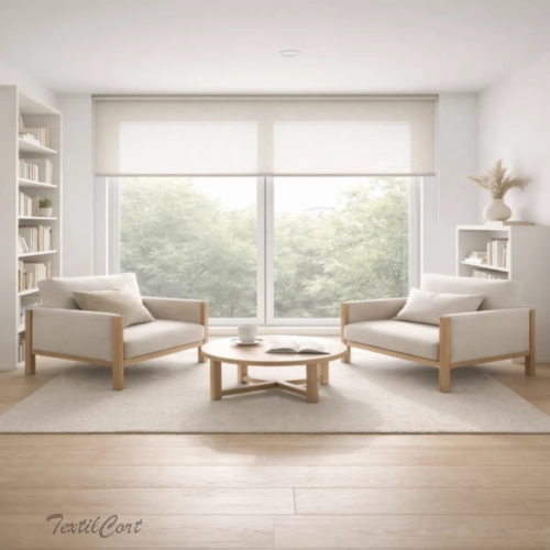 Cortinas estilo Minimalista en salón con estores enrollables y mobiliario sencillo – TextilCort