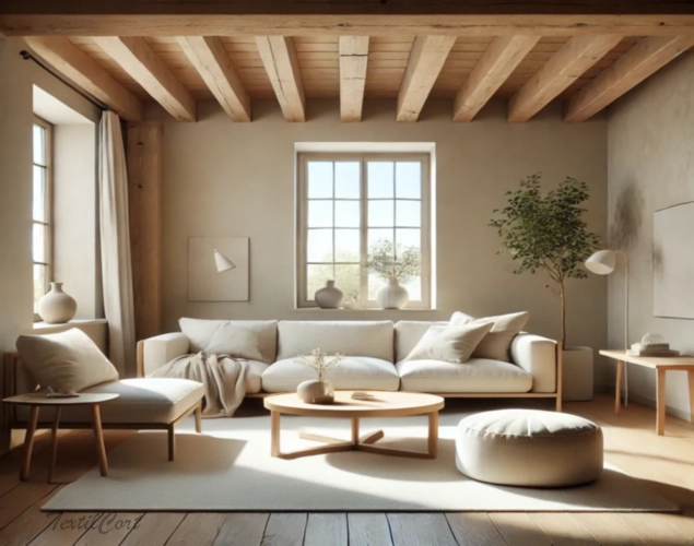 Cortinas estilo Minimalista en salón luminoso con ventanas grandes y madera natural – TextilCort