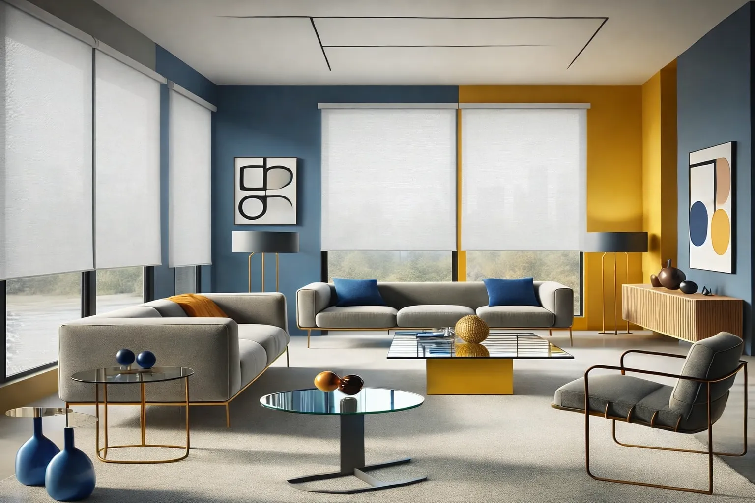 Cortinas estilo Modernista en salón luminoso con ventanal y diseño contemporáneo