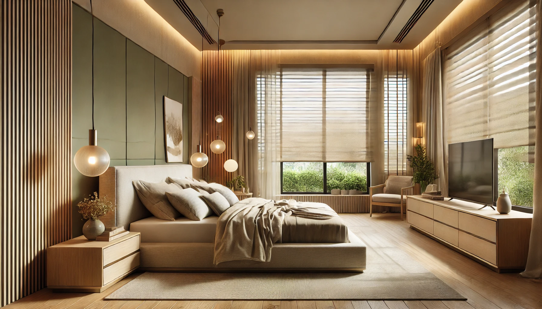 Cortinas estilo Modernista en dormitorio luminoso con ventanal y detalles en tonos cálidos