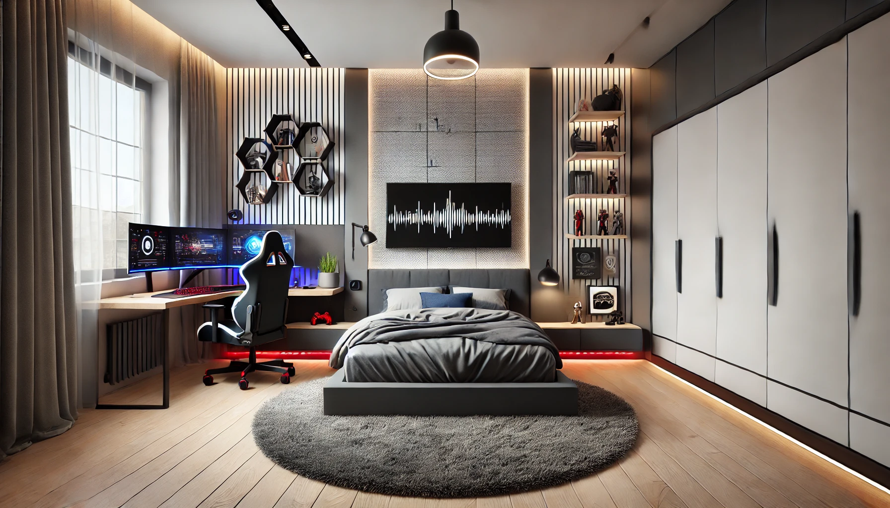 Cortinas estilo Modernista en dormitorio juvenil con ventanal y diseño gamer