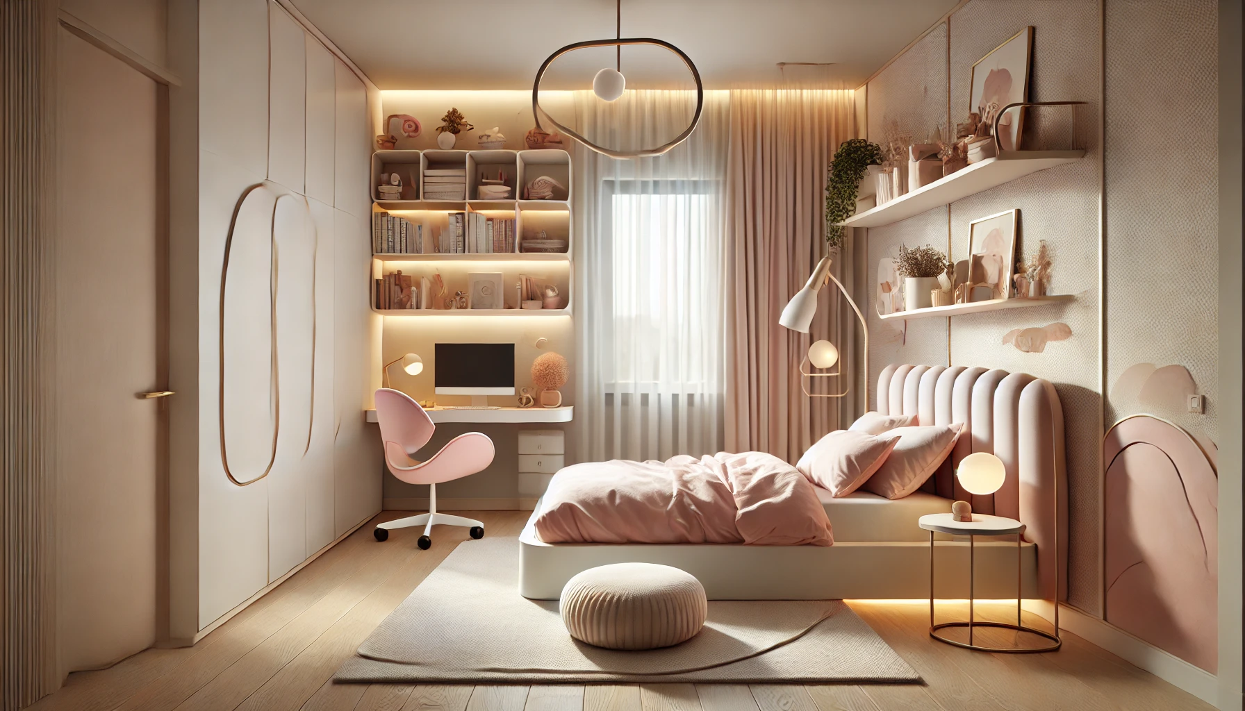 Cortinas estilo Modernista en dormitorio juvenil con ventanal y tonos suaves