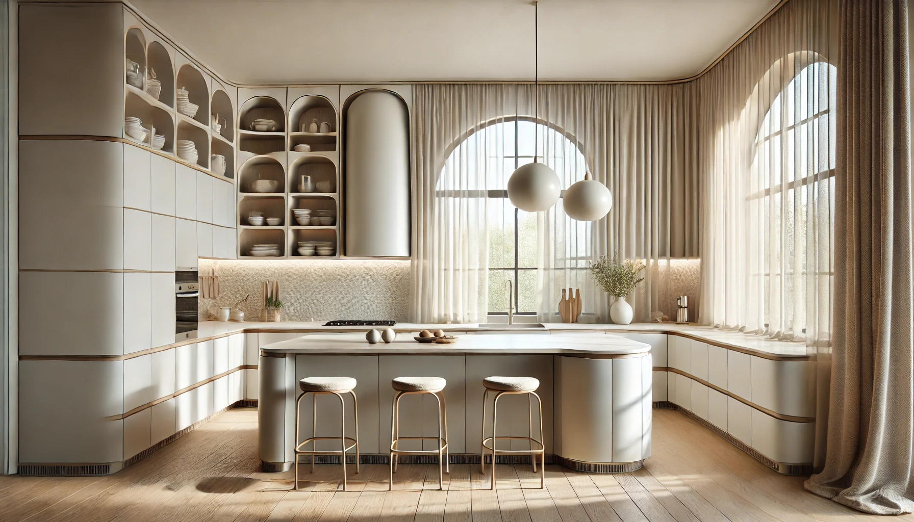 Cortinas estilo Modernista en cocina luminosa con ventanal y diseño funcional