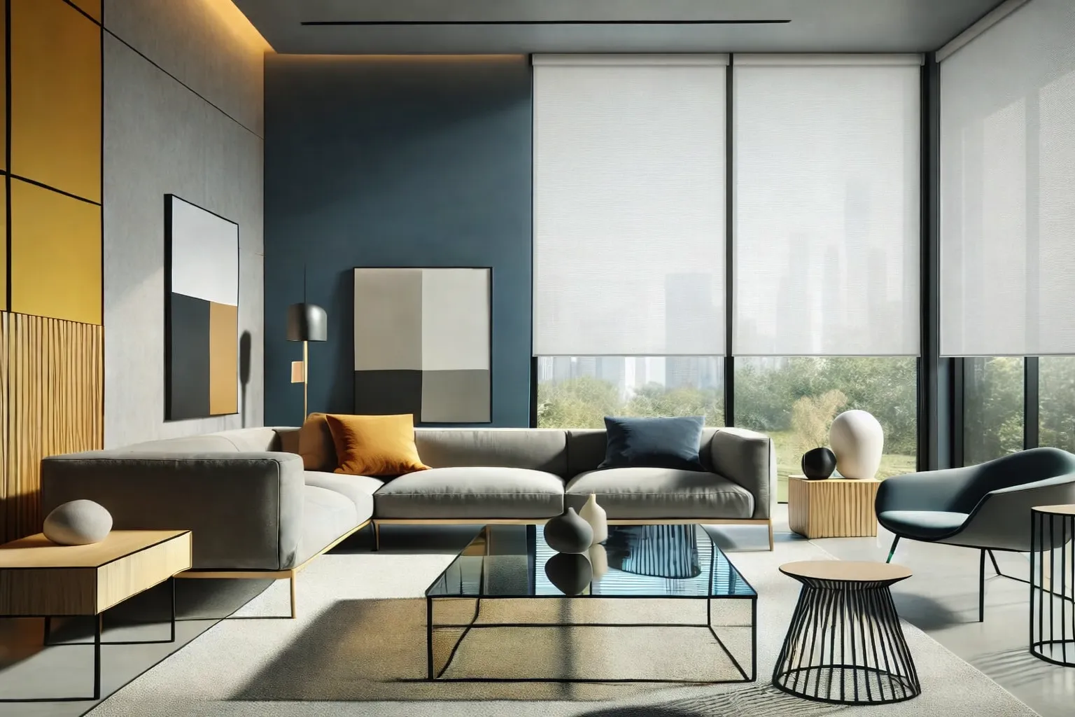 Cortinas estilo Modernista en salón luminoso con ventanal y diseño elegante