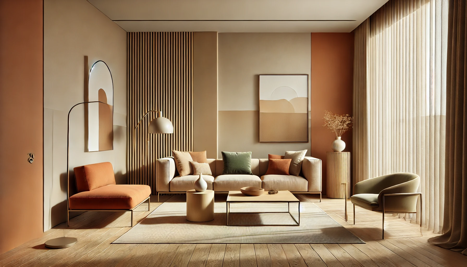 Interior de estilo modernista con cortinas y motivos orgánicos