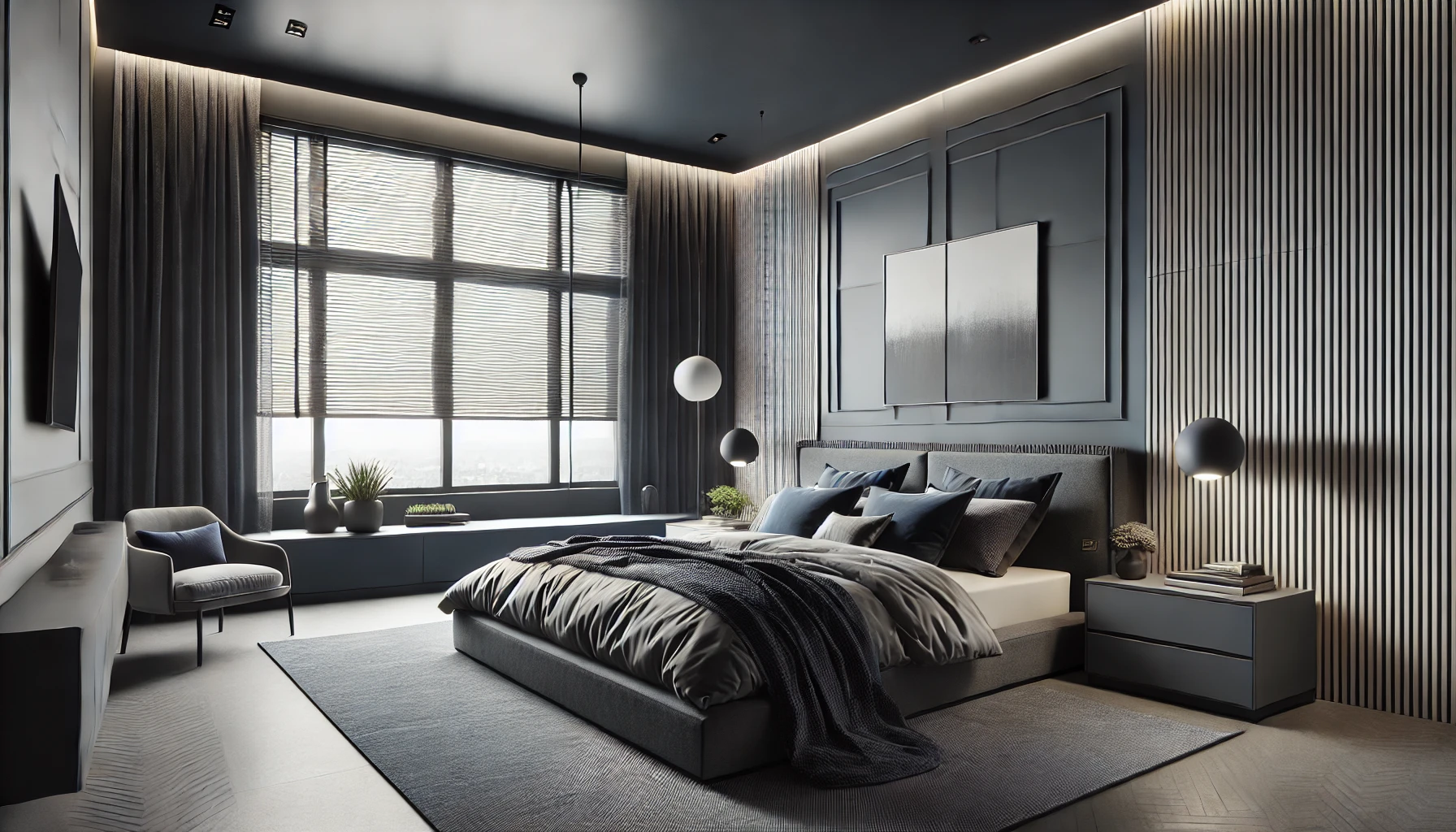 Cortinas estilo Modernista en dormitorio elegante con ventanal y diseño oscuro