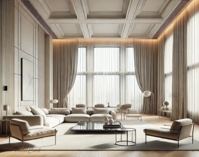 Cortinas estilo Modernista en salón luminoso con ventanal y diseño contemporáneo – TextilCort