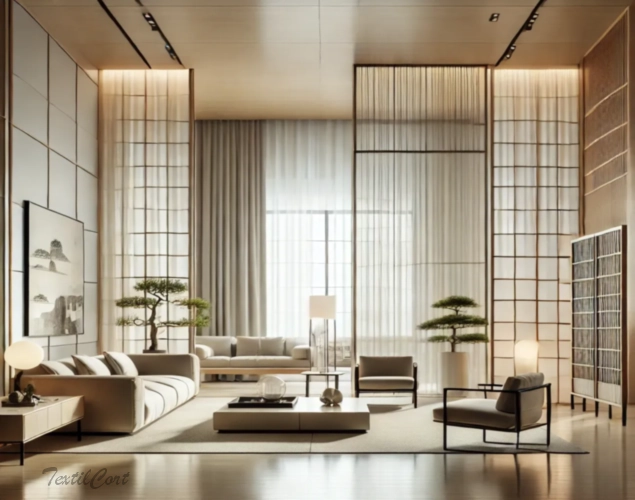 Cortinas estilo Modernista en salón elegante con ventanal y separación de espacios – TextilCort