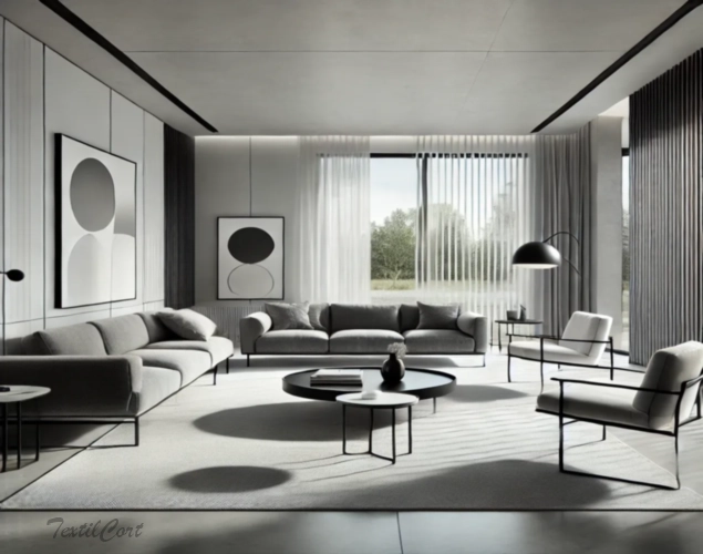 Cortinas estilo Modernista en salón monocromático con ventanal y diseño minimalista – TextilCort