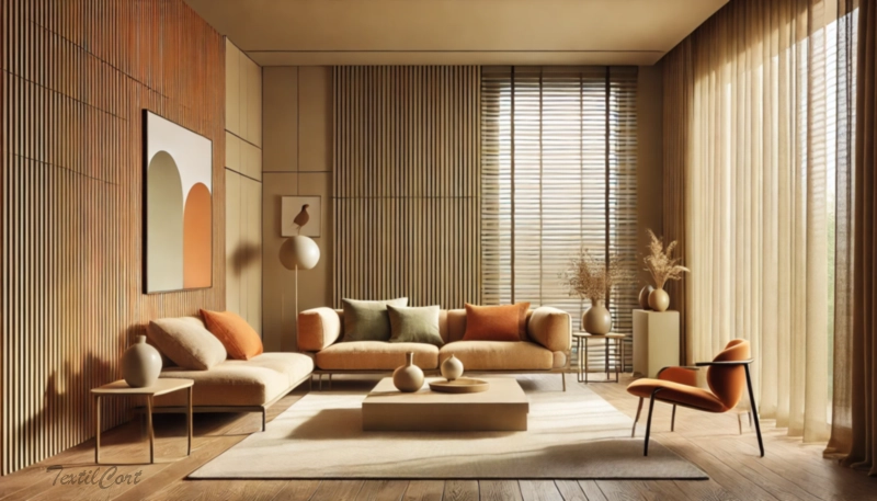 Cortinas estilo Modernista en salón cálido con ventanal y tonos naturales – TextilCort