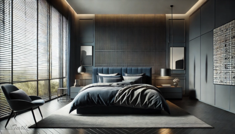 Cortinas estilo Modernista en dormitorio sofisticado con ventanal y diseño monocromático – TextilCort