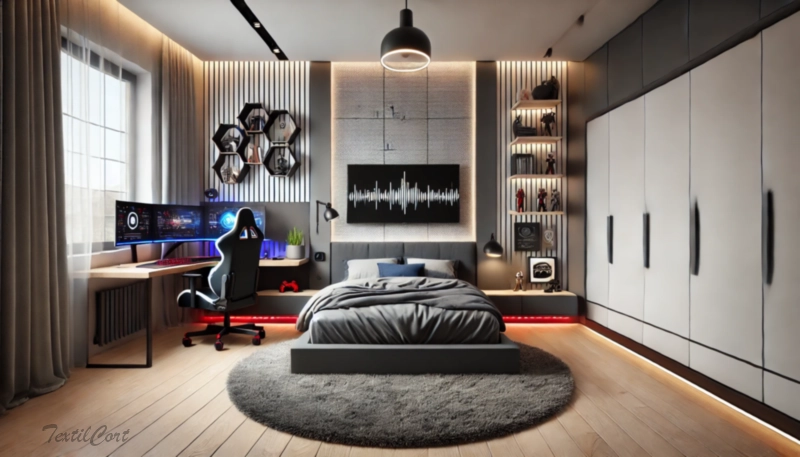 Cortinas estilo Modernista en dormitorio juvenil con ventanal y diseño gamer – TextilCort