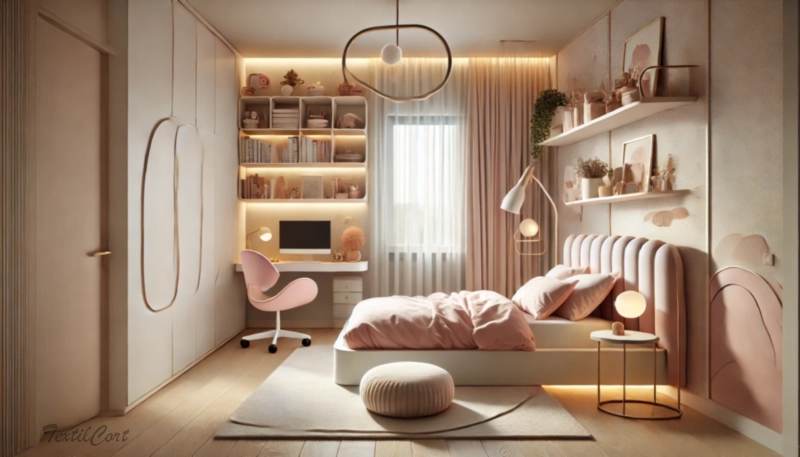 Cortinas estilo Modernista en dormitorio juvenil con ventanal y tonos suaves – TextilCort