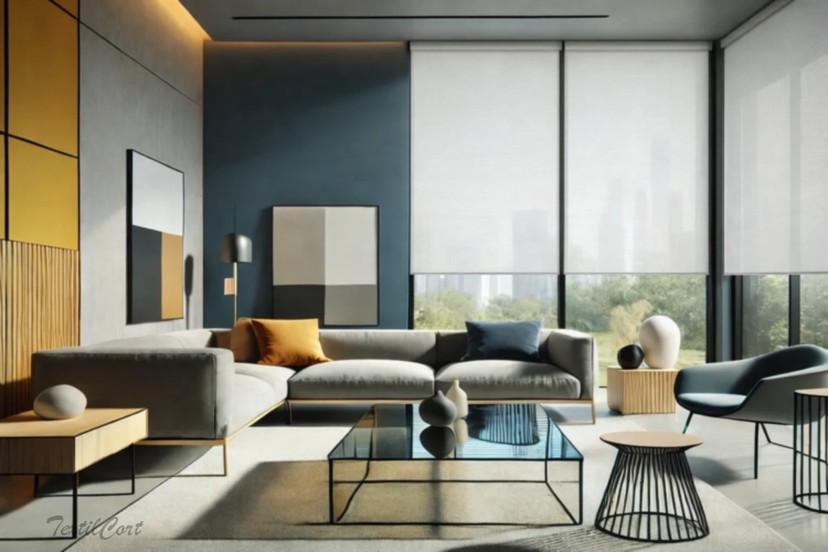 Cortinas estilo Modernista en salón luminoso con ventanal y diseño elegante – TextilCort