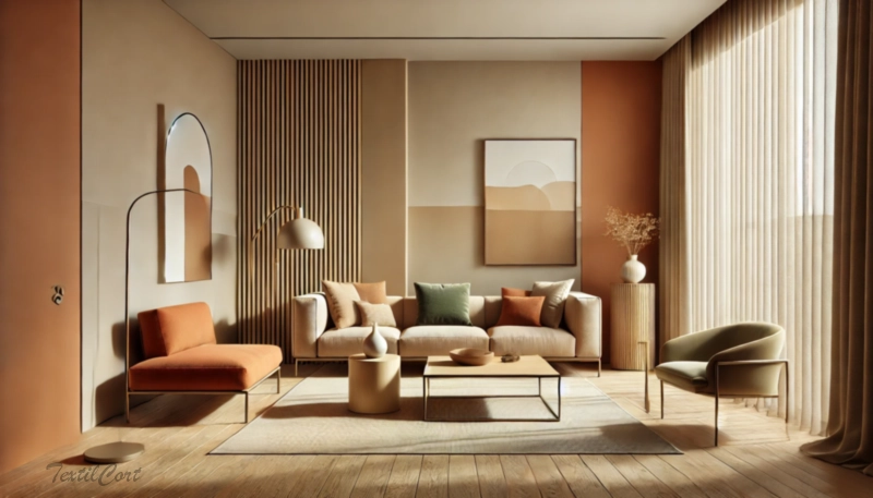 Cortinas estilo Modernista en salón cálido con ventanal y tonos terracota – TextilCort