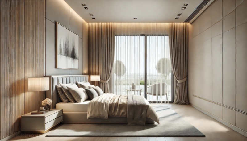 Cortinas estilo Modernista en dormitorio luminoso con ventanal y diseño sofisticado – TextilCort