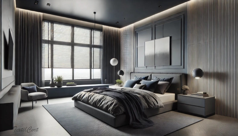 Cortinas estilo Modernista en dormitorio elegante con ventanal y diseño oscuro – TextilCort