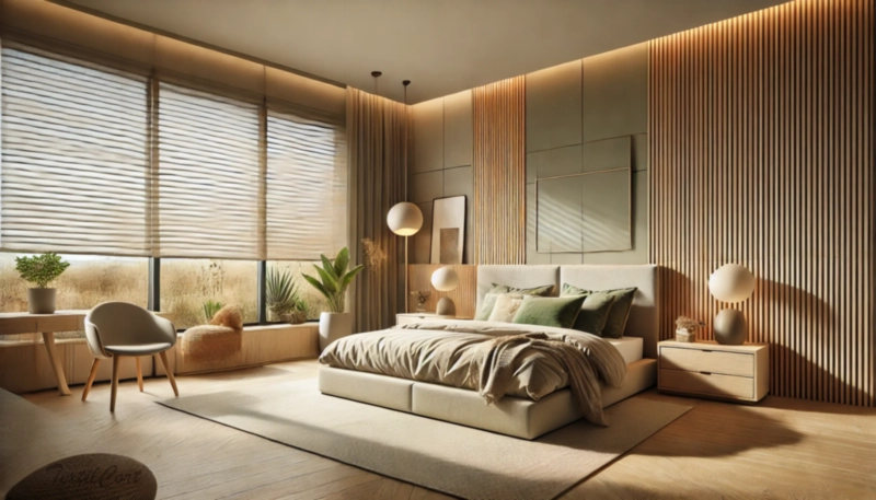 Cortinas estilo Modernista en dormitorio luminoso con ventanal y detalles naturales – TextilCort