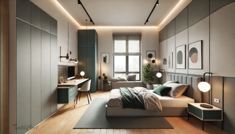 Cortinas estilo Modernista en dormitorio con ventanal y detalles en verde – TextilCort