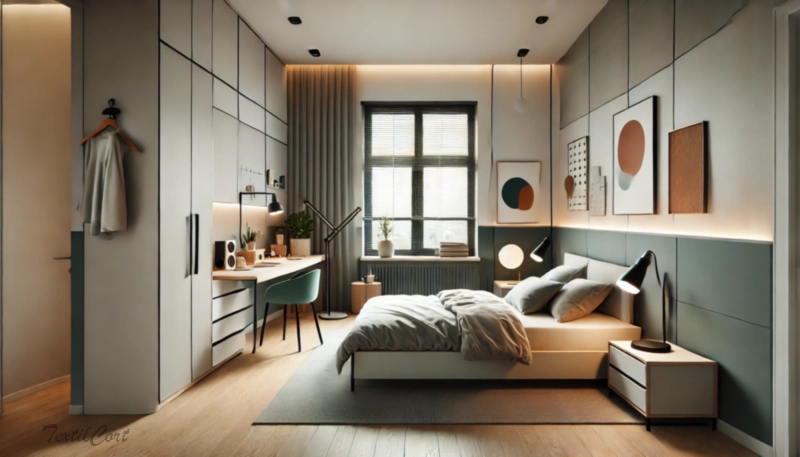 Cortinas estilo Modernista en dormitorio compacto con ventanal y detalles de color – TextilCort