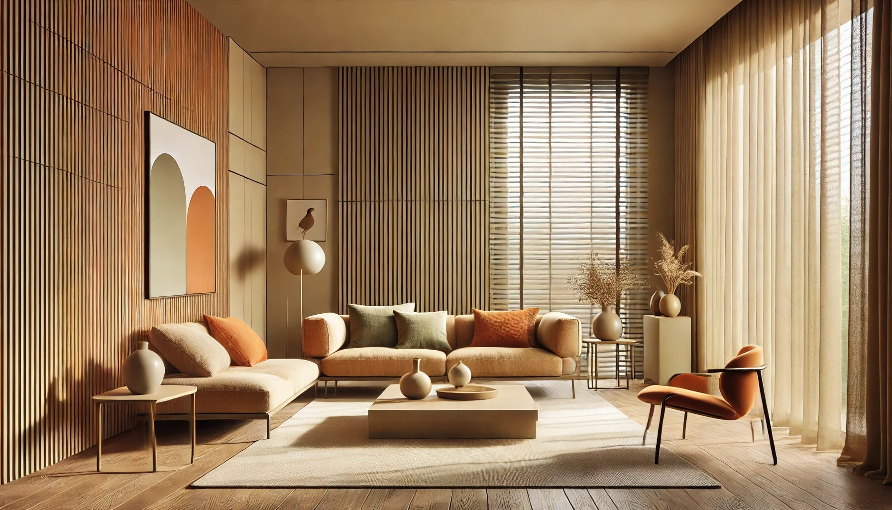 Cortinas modernas en salón cálido con tonos naturales