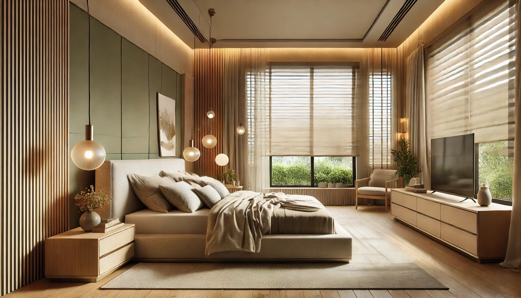 Cortinas modernas en dormitorio cálido y luminoso
