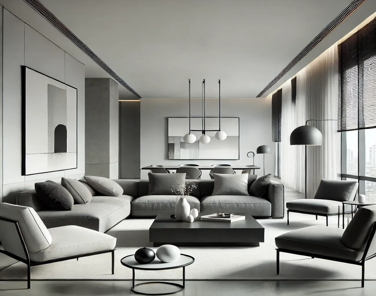 Cortinas modernas en salón monocromático de líneas limpias