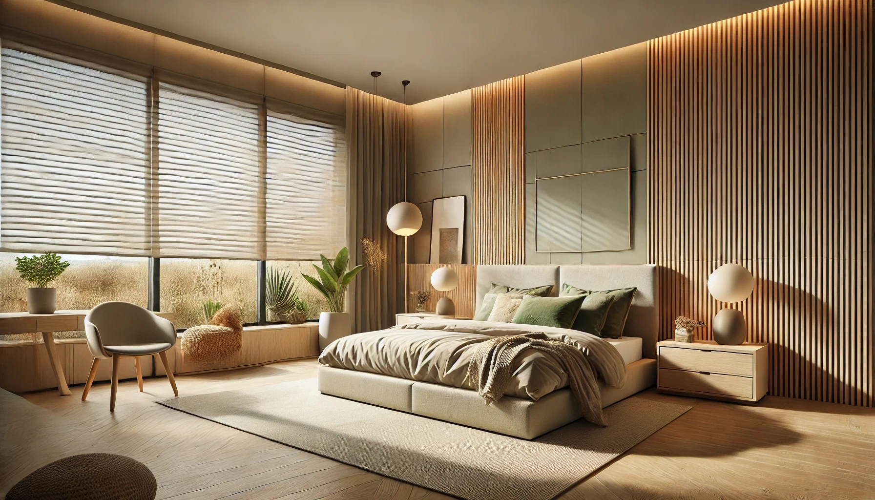 Cortinas modernas en dormitorio cálido con materiales naturales