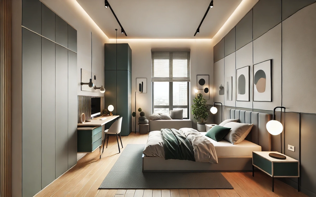 Cortinas modernas en dormitorio con detalles verdes – TextilCort