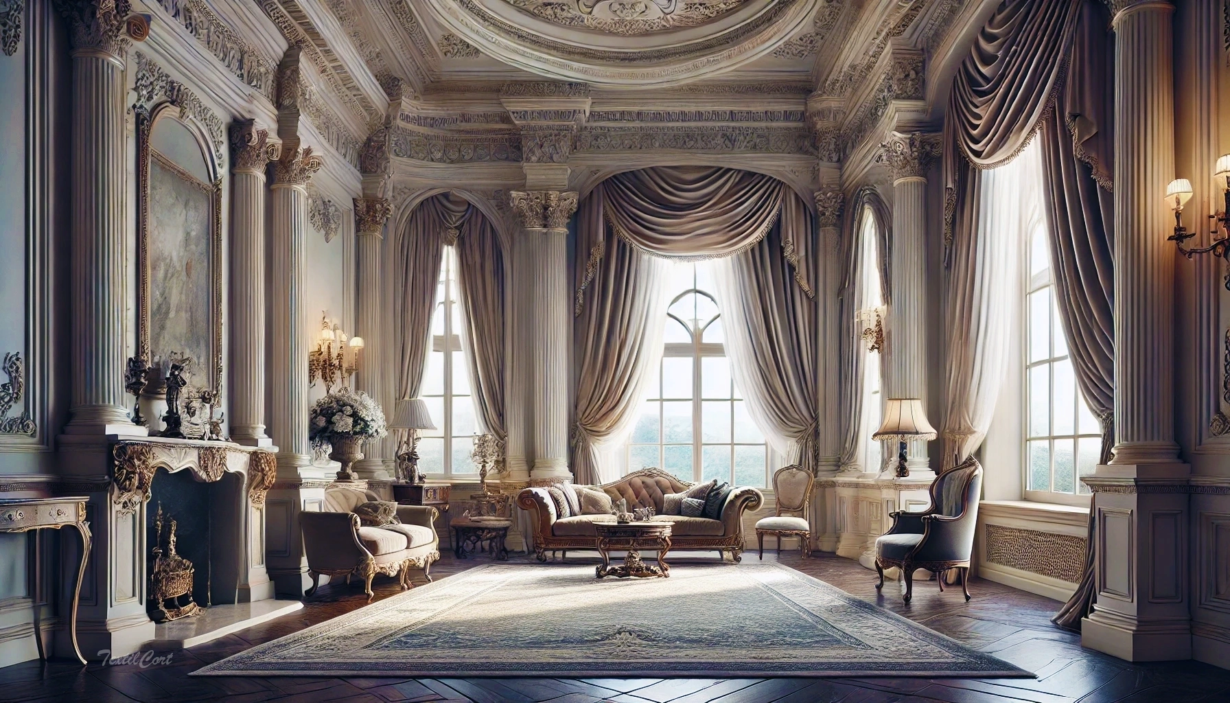 Cortinas estilo Neoclásico en salón luminoso con ventanal y diseño sofisticado