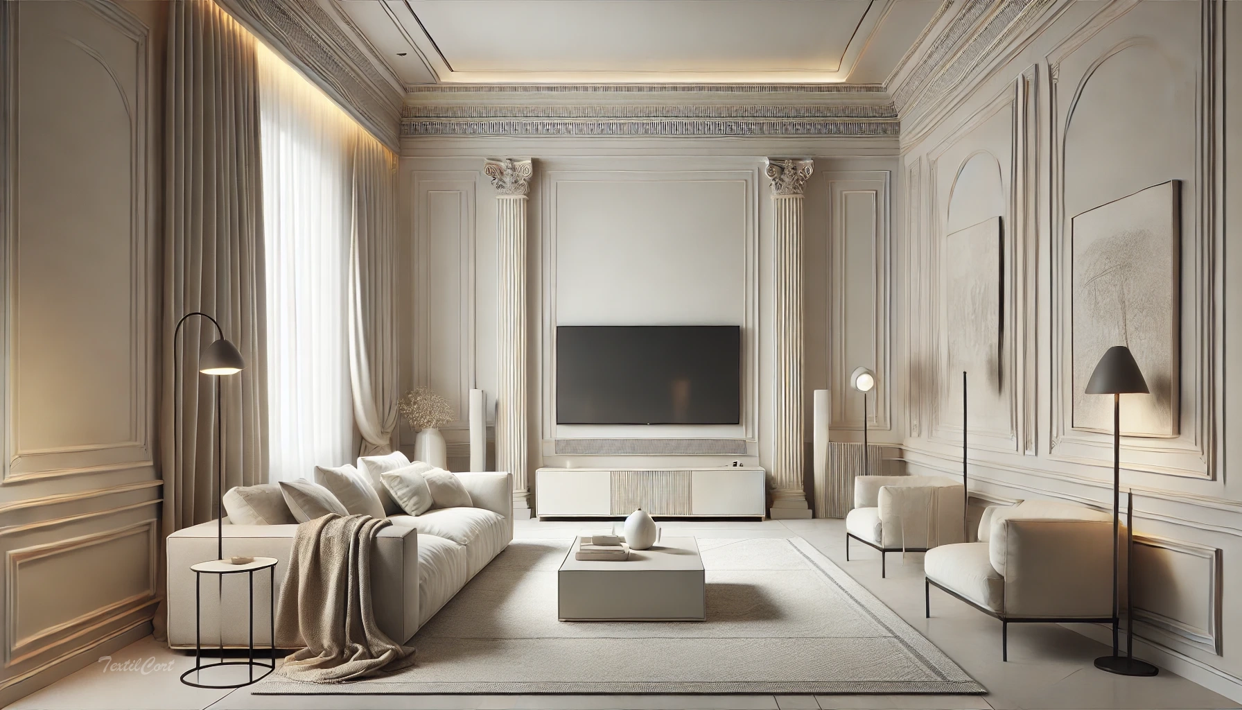 Cortinas estilo Neoclásico en salón minimalista con detalles arquitectónicos elegantes