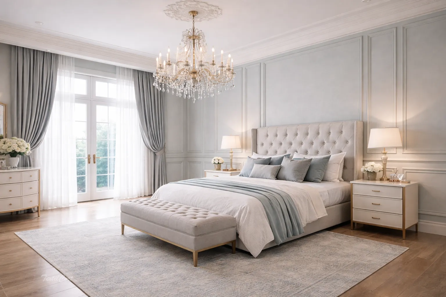 Cortinas estilo Neoclásico en dormitorio elegante con detalles en tonos suaves