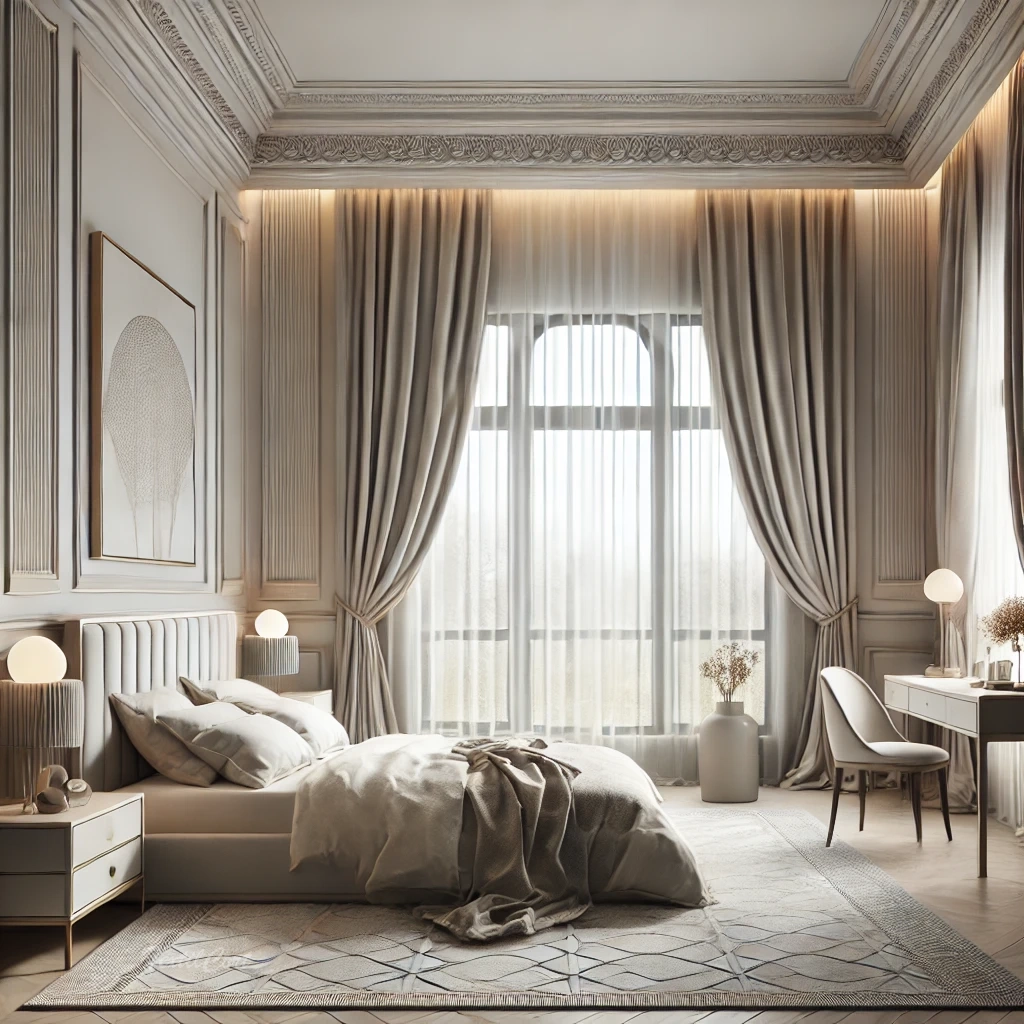 Cortinas estilo Neoclásico en dormitorio luminoso con detalles elegantes