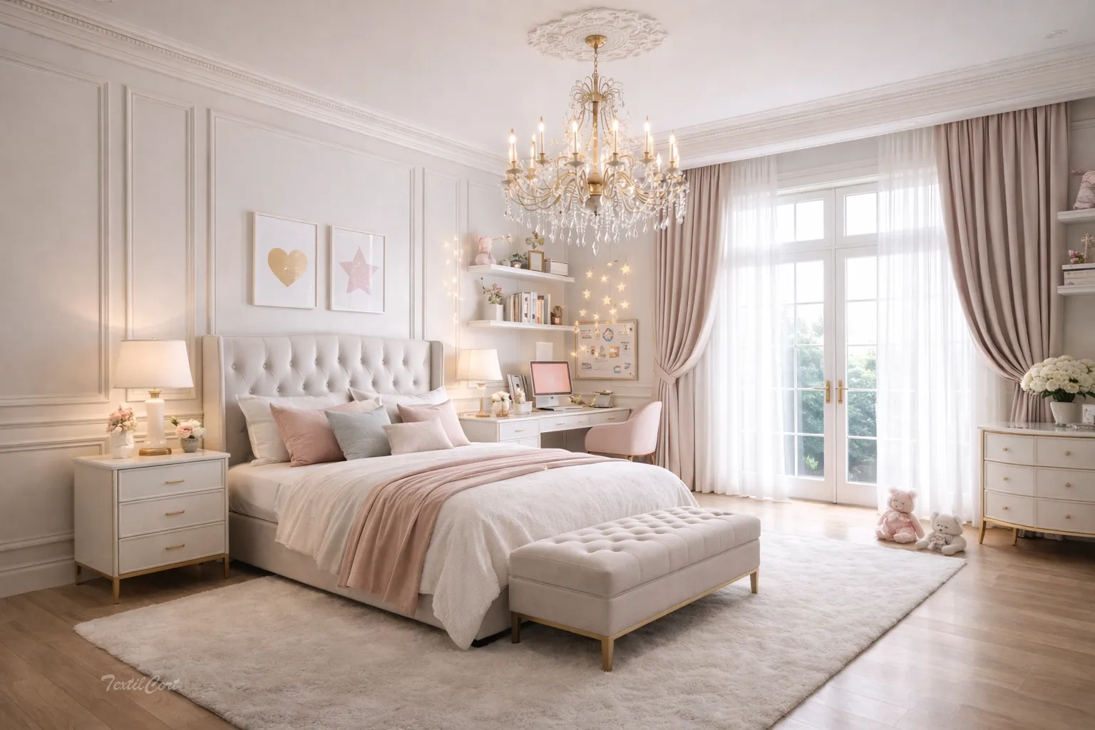 Cortinas estilo Neoclásico en dormitorio juvenil con detalles delicados y modernos