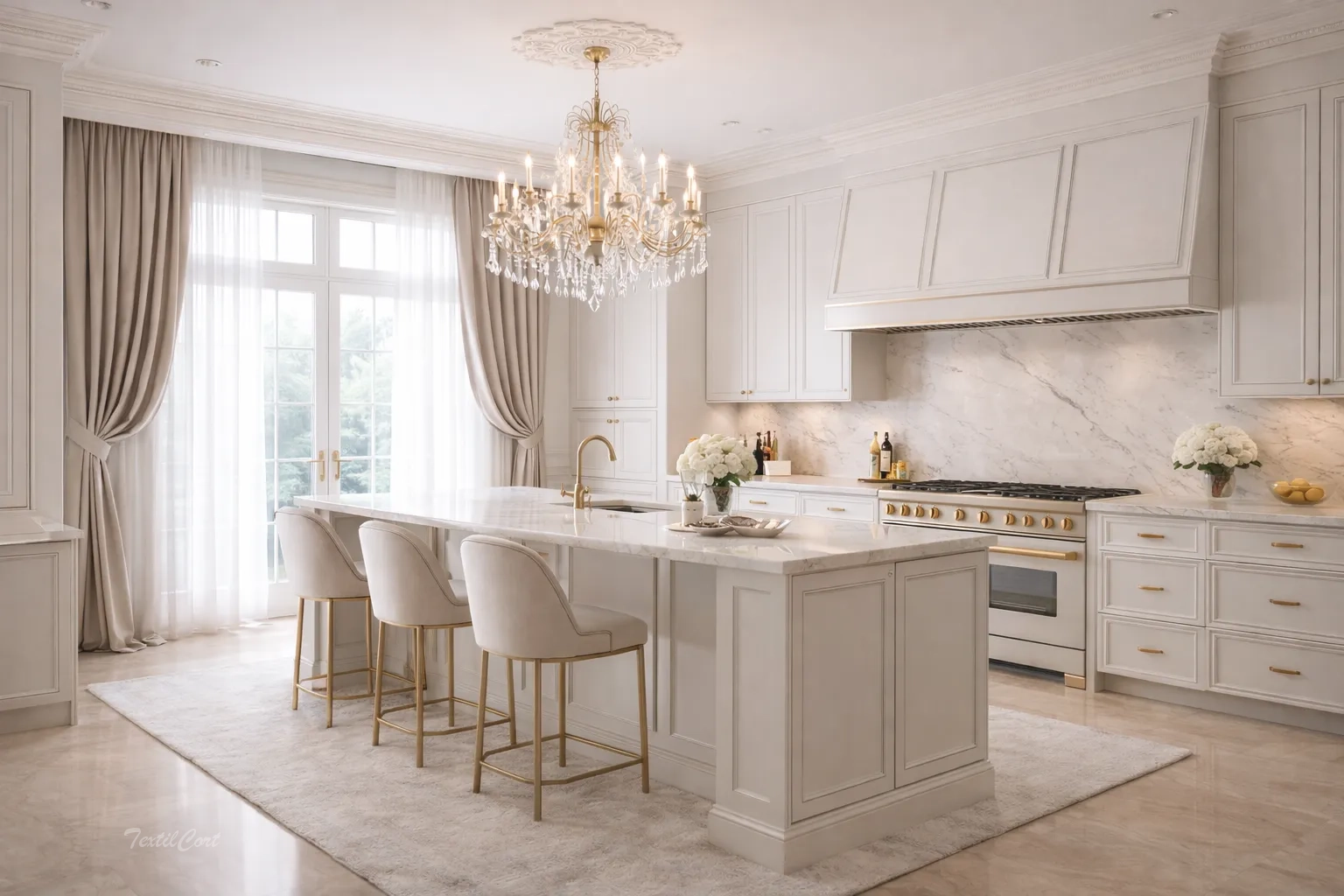 Cortinas estilo Neoclásico en cocina elegante con ventanales luminosos