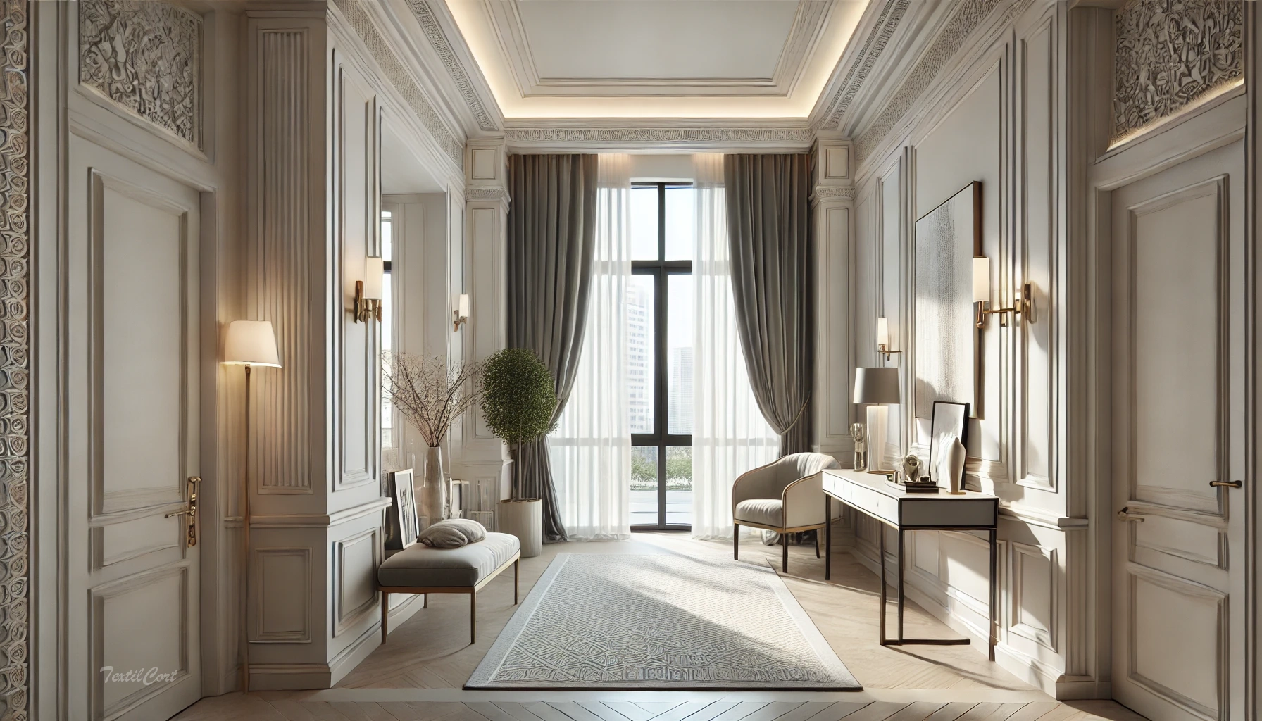 Cortinas estilo Neoclásico en sala luminosa con detalles sofisticados