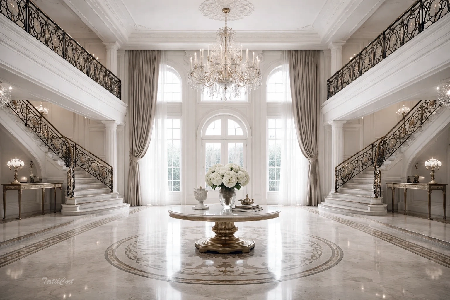Interior de estilo neoclásico con cortinas elegantes y arquitectura equilibrada