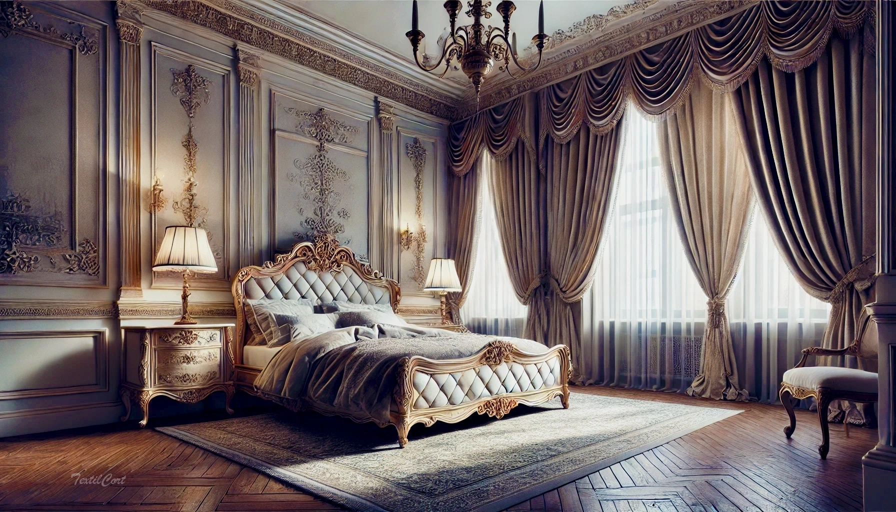 Cortinas estilo Neoclásico en dormitorio de lujo con detalles ornamentales