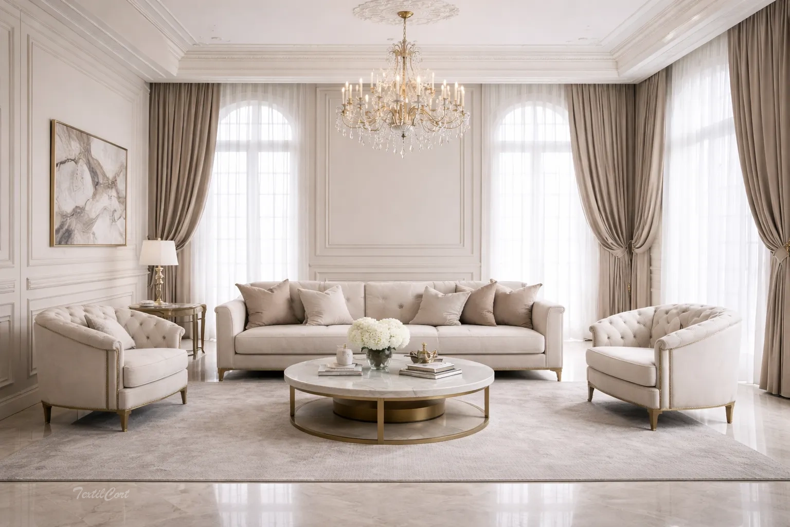 Cortinas estilo Neoclásico en salón luminoso y elegante con ventanales