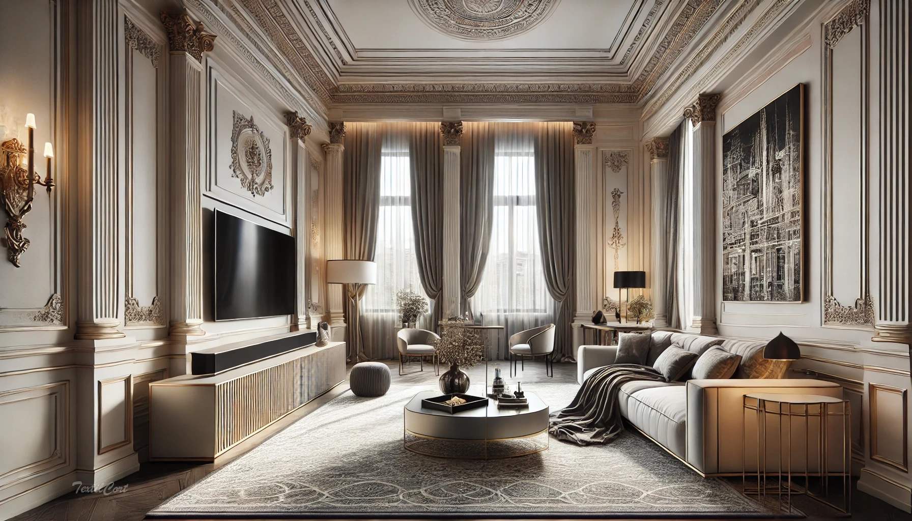 Cortinas estilo Neoclásico en salón contemporáneo con detalles arquitectónicos