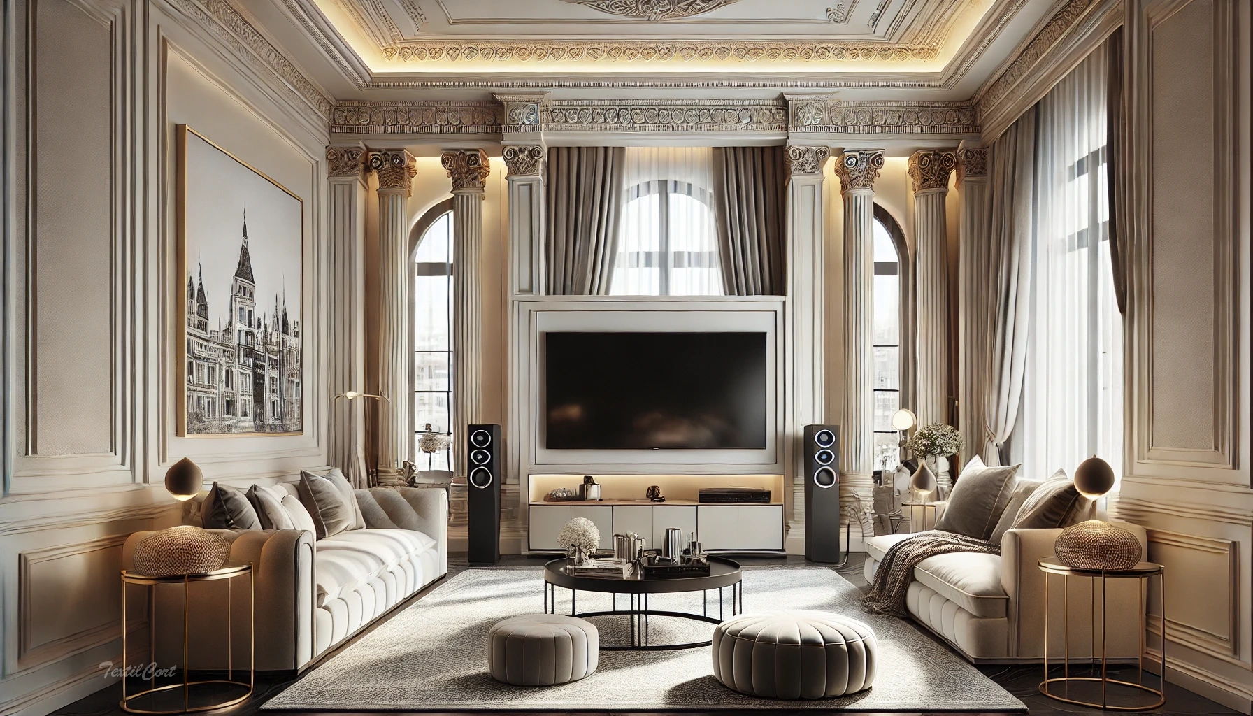 Cortinas estilo Neoclásico en salón moderno con detalles arquitectónicos clásicos