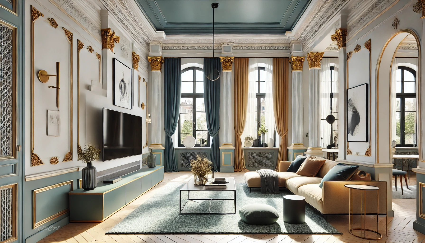 Salón estilo neoclasico con estores enrollables