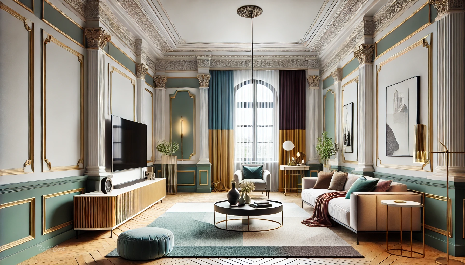 Cortinas estilo Neoclásico en salón moderno con detalles de colores vibrantes y elegantes