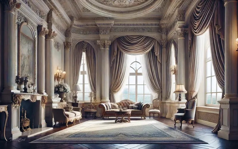 Cortinas estilo Neoclásico en salón luminoso con ventanal y diseño sofisticado – TextilCort