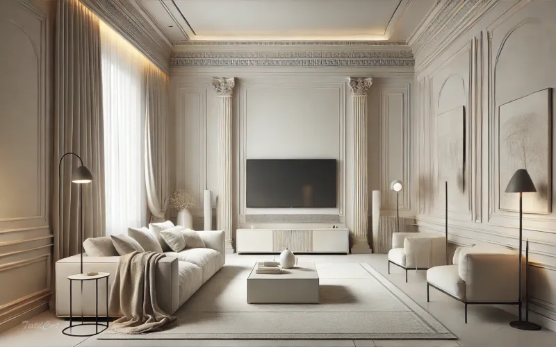 Cortinas estilo Neoclásico en salón minimalista con detalles arquitectónicos elegantes – TextilCort