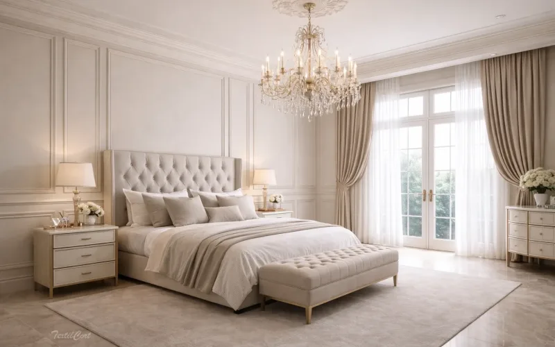 Cortinas estilo Neoclásico en dormitorio elegante con detalles sofisticados – TextilCort