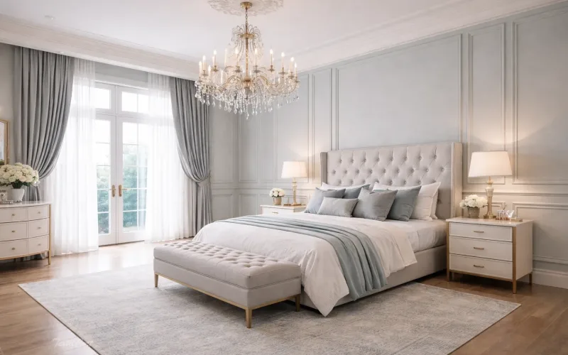 Cortinas estilo Neoclásico en dormitorio elegante con detalles en tonos suaves – TextilCort