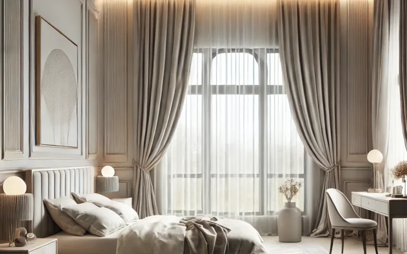 Cortinas estilo Neoclásico en dormitorio luminoso con detalles elegantes – TextilCort